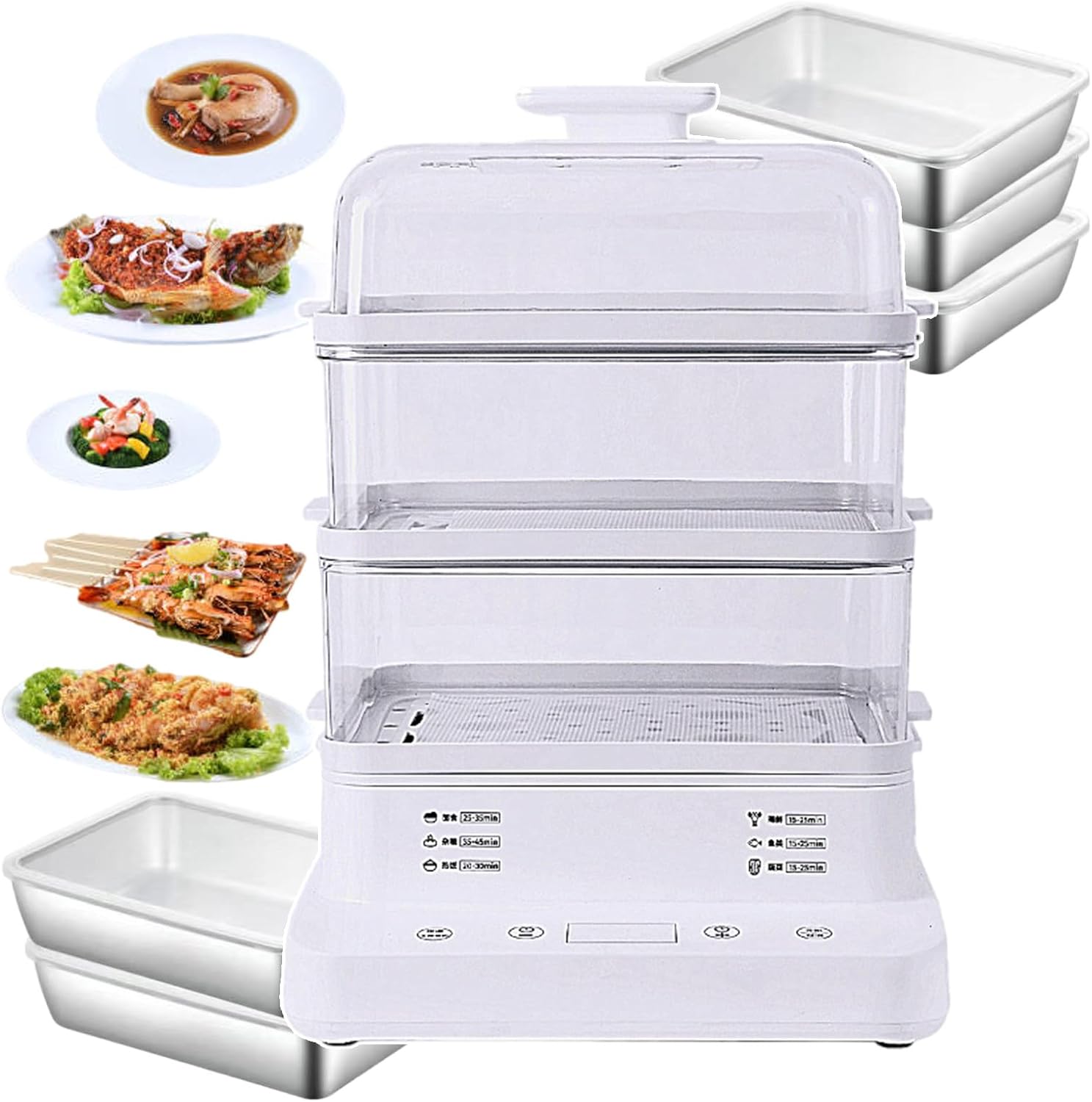 800w Electric Food Steamer 3-Tier with Steam Rack | Non-Stick Rice Cookers 24h Reservation Steam Cooker | Kitchen Steamer for Meals Cereals - with 5 Stainless Steel Box Fish,