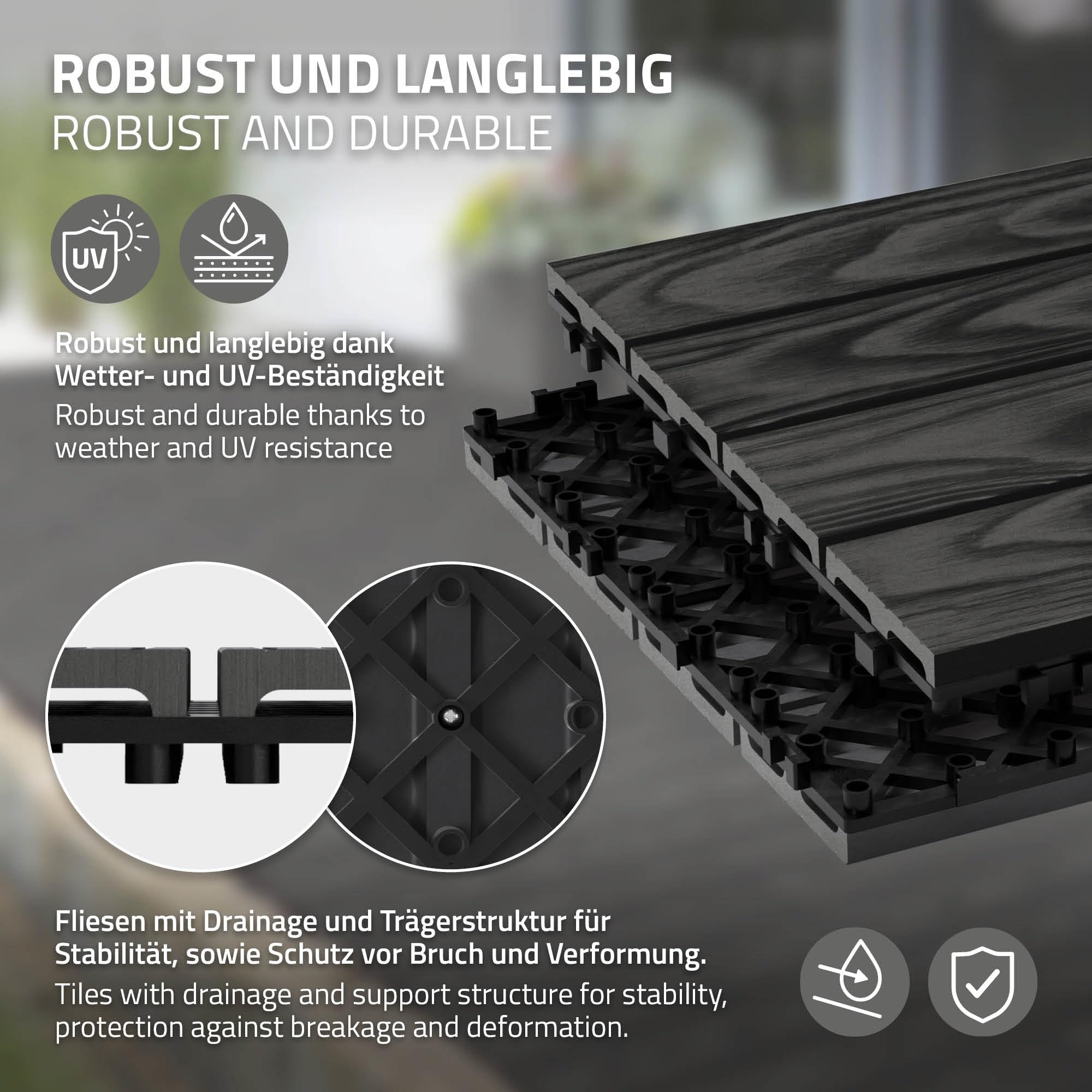 ECD Germany Baldosas de Patio WPC de 30x30 cm 11 Piezas para 1m² Aparencia de Madera Antracita con Sistema de Drenaje e Instalación Mediante Clic, Losa Aspecto Tabla de Leña para Terraza y Balcón