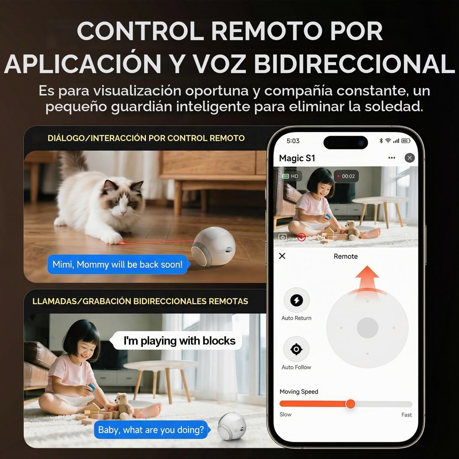 Denash Robot de la Cámara sobre Ruedas, Cámara de Mascota Móvil de 1080p, Control de Aplicación Home Security CAM con Conversación de 2 Vías, Visión Nocturna,Detección de Movimiento