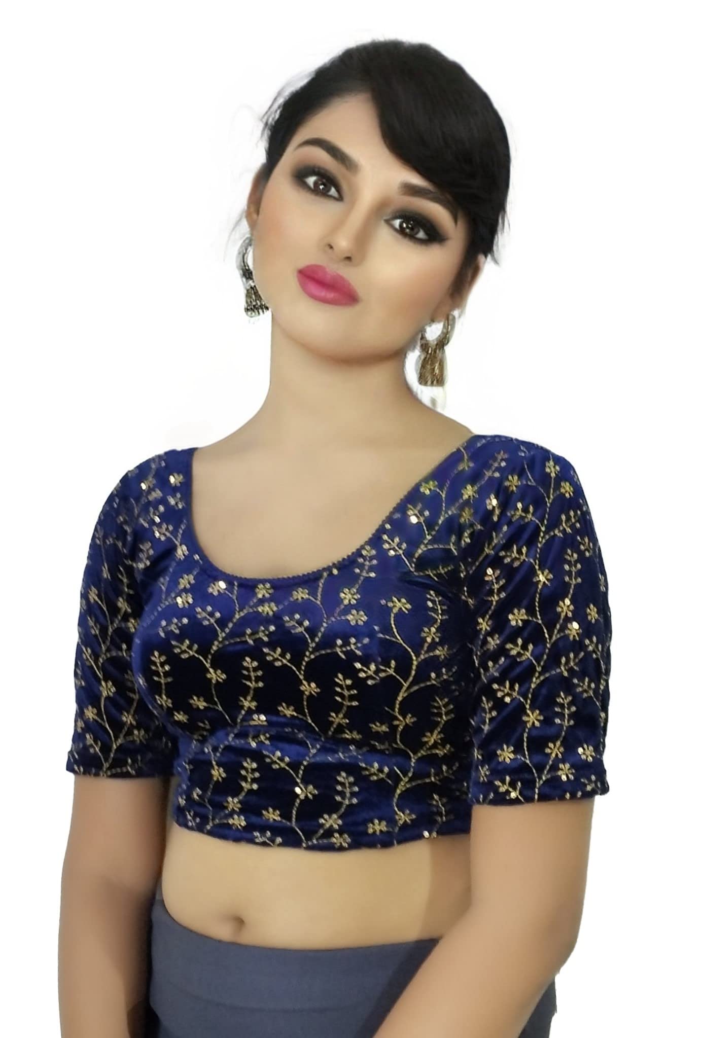 PU FashionStylish Golden Embroidery Work Readymade Stretchable Velvet Blouse - Soft Breathable Fabric, Latest Saree Blouse for Women