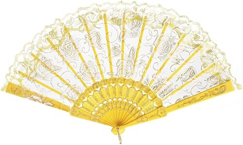 Miniatura 7 de QIRMIZI 10 abanicos plegables de encaje rosa, abanicos de mano plegables de seda, perfectos para bodas, fiestas y bailes, amarillo