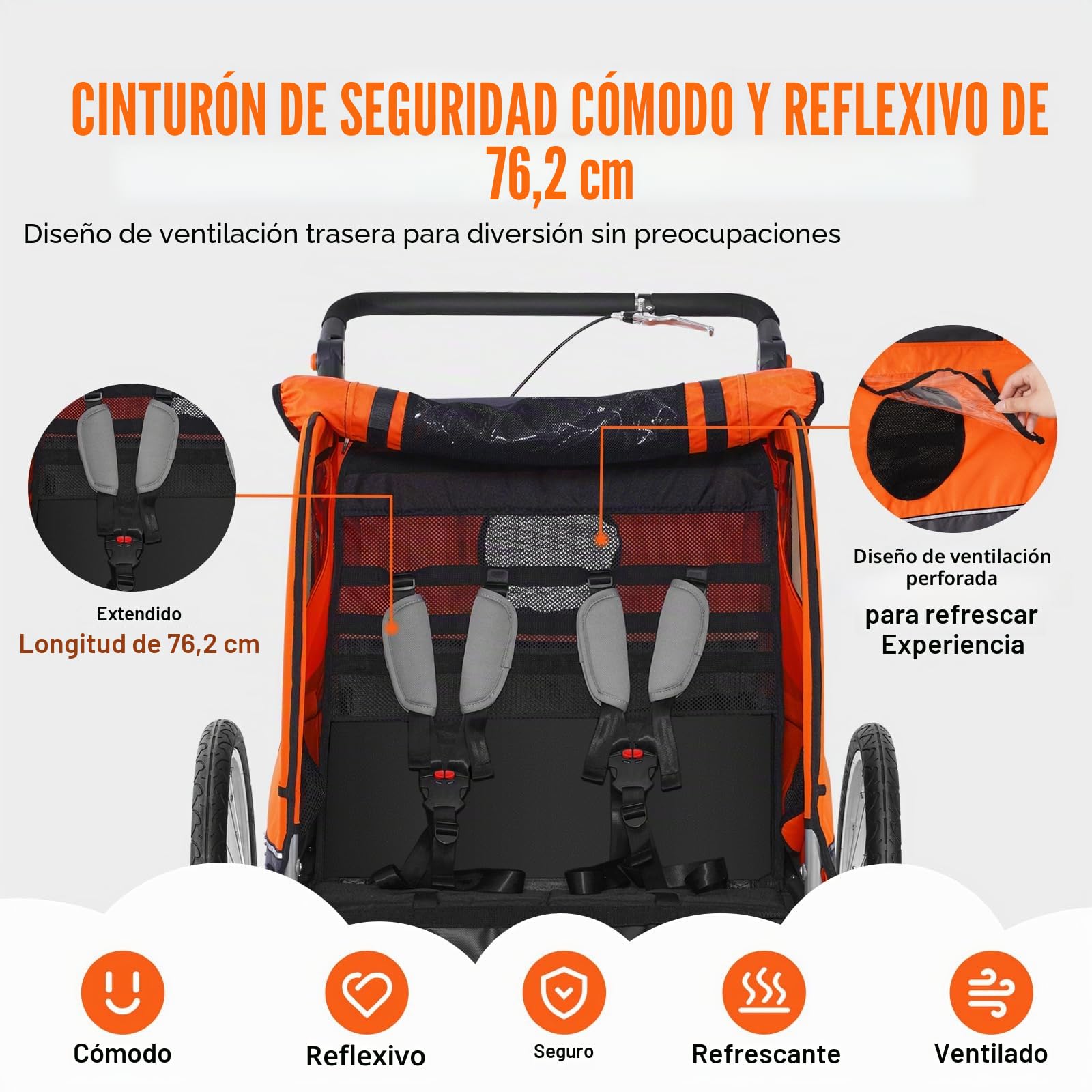 VEVOR Remolque de Bicicleta para Niños Asiento Doble Carga 40 kg Portaequipajes Transformable en Cochecito Remolque de Bicicleta para Niños Plegable con Enganche Universal para Bicicleta, Naranja Gris