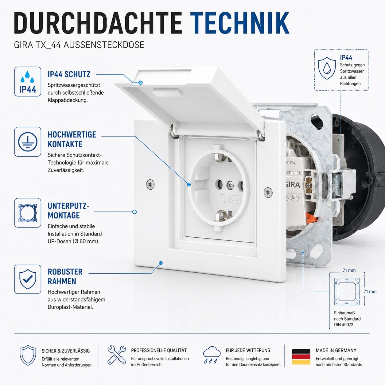 Gira TX44 Außensteckdose weiss 1-fach mit Rahmen, Dichtungsflansch & Montageset, IP44 Unterputz Steckdose für Außenbereich, wetterfeste Schuko Steckdose für Garten Terrasse Garage
