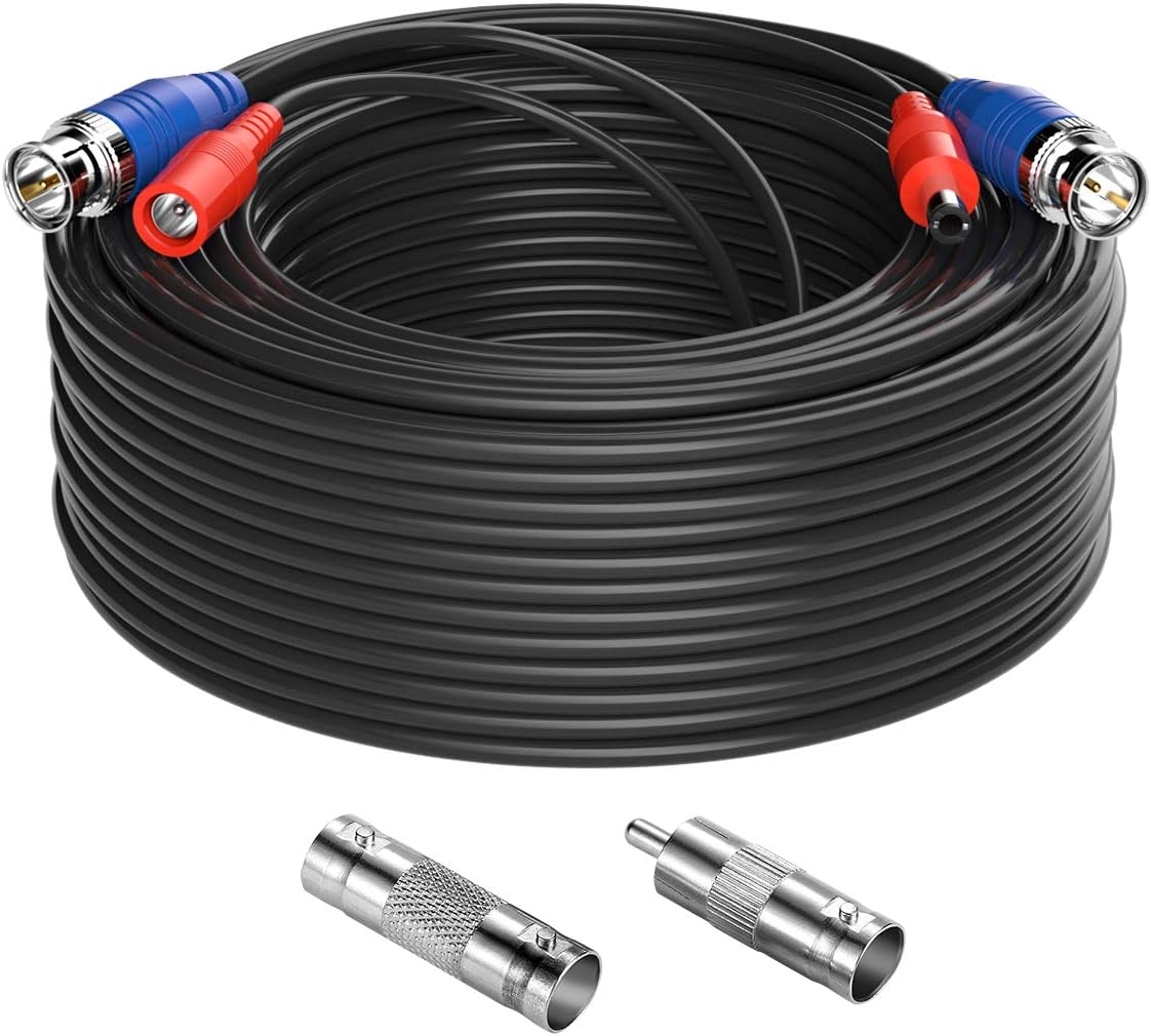 100ft 30M 4K Ultra HD BNC Video Power Cable Security Camera Wire Cord with BNC Connectors and RCA Adapters, All-in-One BNC Cable Extension Wire for CCTV Camera, DVR, Surveillance System, Black