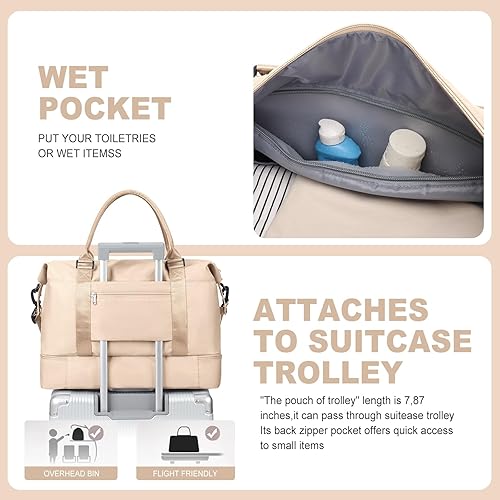 Miniatura 5 de Bolsas de fin de semana para mujer, bolsas de viaje con compartimento para zapatos, Beige, Bolsa de viaje+neceser