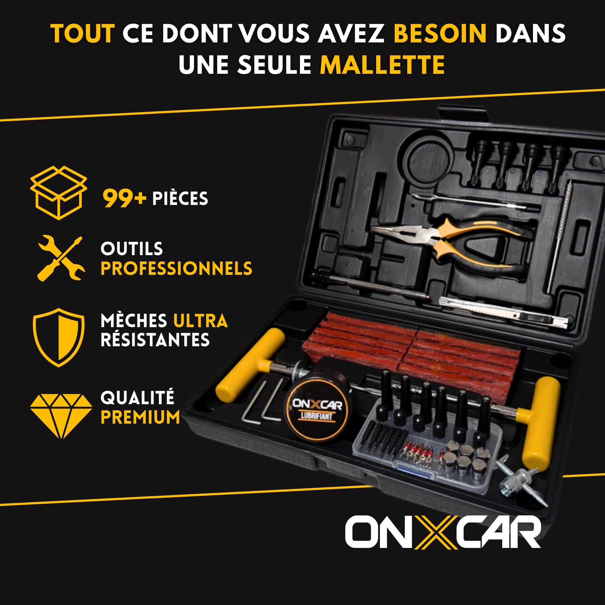Kit Réparation Pneu Voiture avec Mèches Tubeless – Kit Anti Crevaison Voiture, Outil Tire Repair pour Réparer un Clou, Compatible Auto, SUV, Moto, Camping-Car