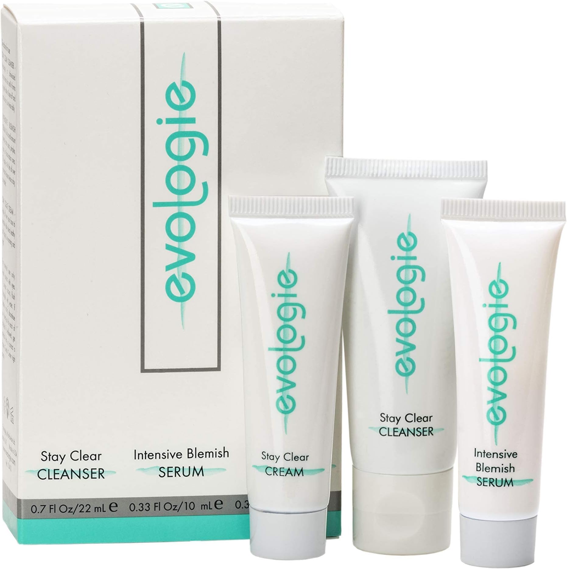 Evologie Starter Kit 3 Pack | Includes Stay Clear Cleanser (0.7 Fl. Oz.), Intensive Blemish Serum (0.33 Fl. Oz) & Stay Clear Cream Moisturizer (0.33 Fl. Oz) | Travel Pack