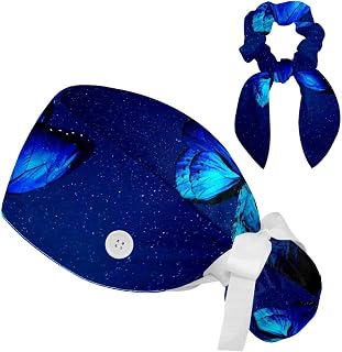 FVQL 2 Pieces Surgical Cap for Long Hair Scrub Cap with Hairband Nurse Cap, Mountain and Butterfly