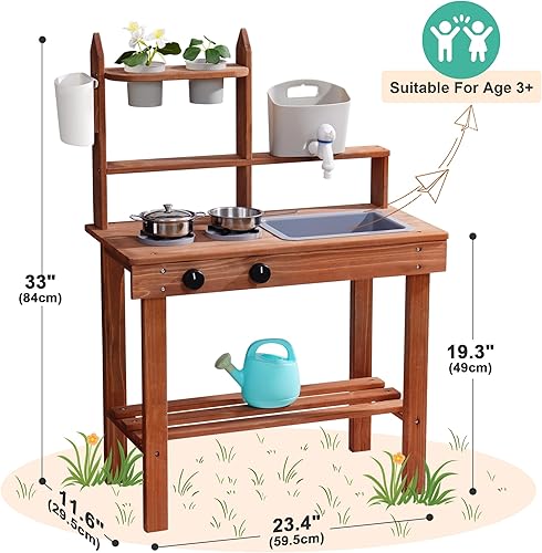 Miniatura 2 de ROBOTIME Cocina de barro para niños al aire libre, cocina de madera al aire libre con fregadero, grifo, estufa y accesorios de cocina, divertido