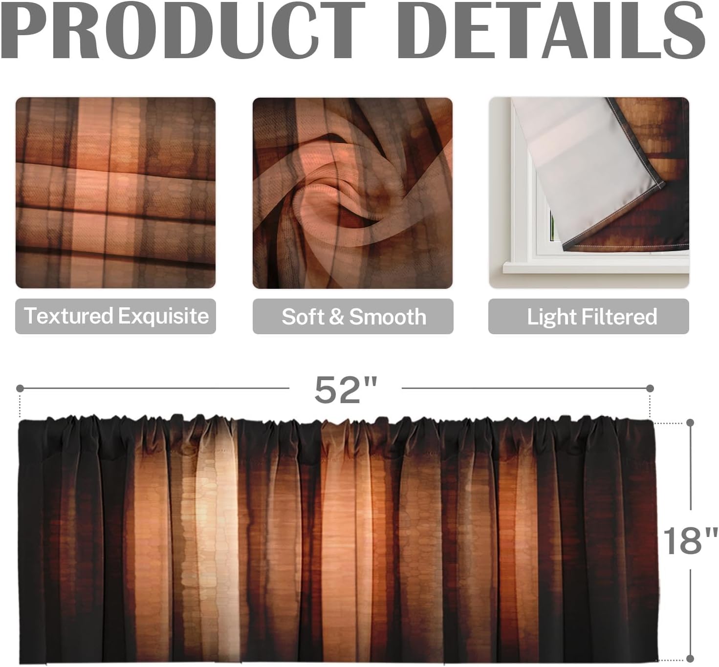 Emvency 2 Pack Valances Window Treatments, Orange Copper Vintage Stripe Blackout Drapes Adjustable Curtain for Windows Living Room Kitchen Over Sink, 18x52 Inch Rod Pocket Valances - Image 3