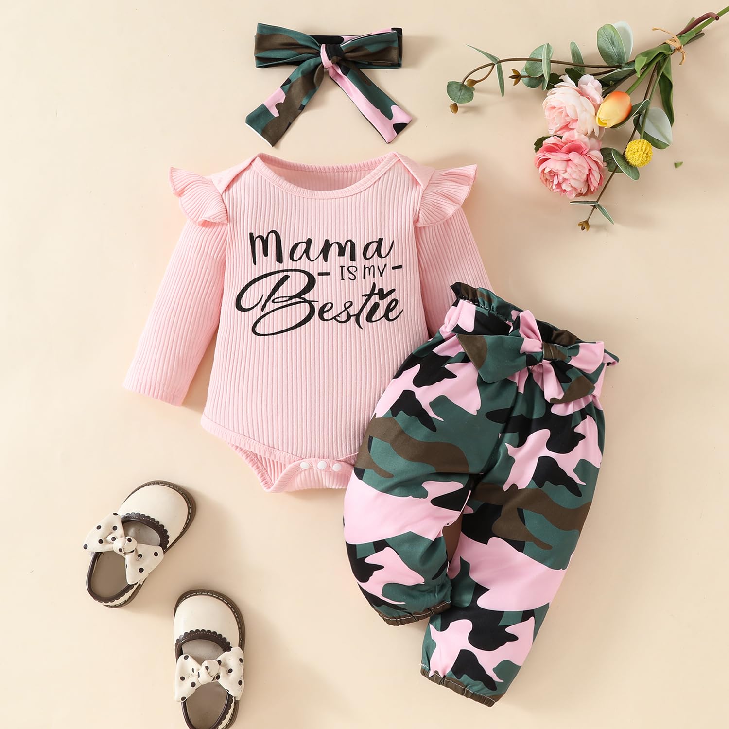 Neugeborenes Baby Mädchen Kleidung Kleinkind gerippt Ruffle lange Ärmel Strampler+ Floral Hosen+ Stirnband Cute Fall Outfit Set