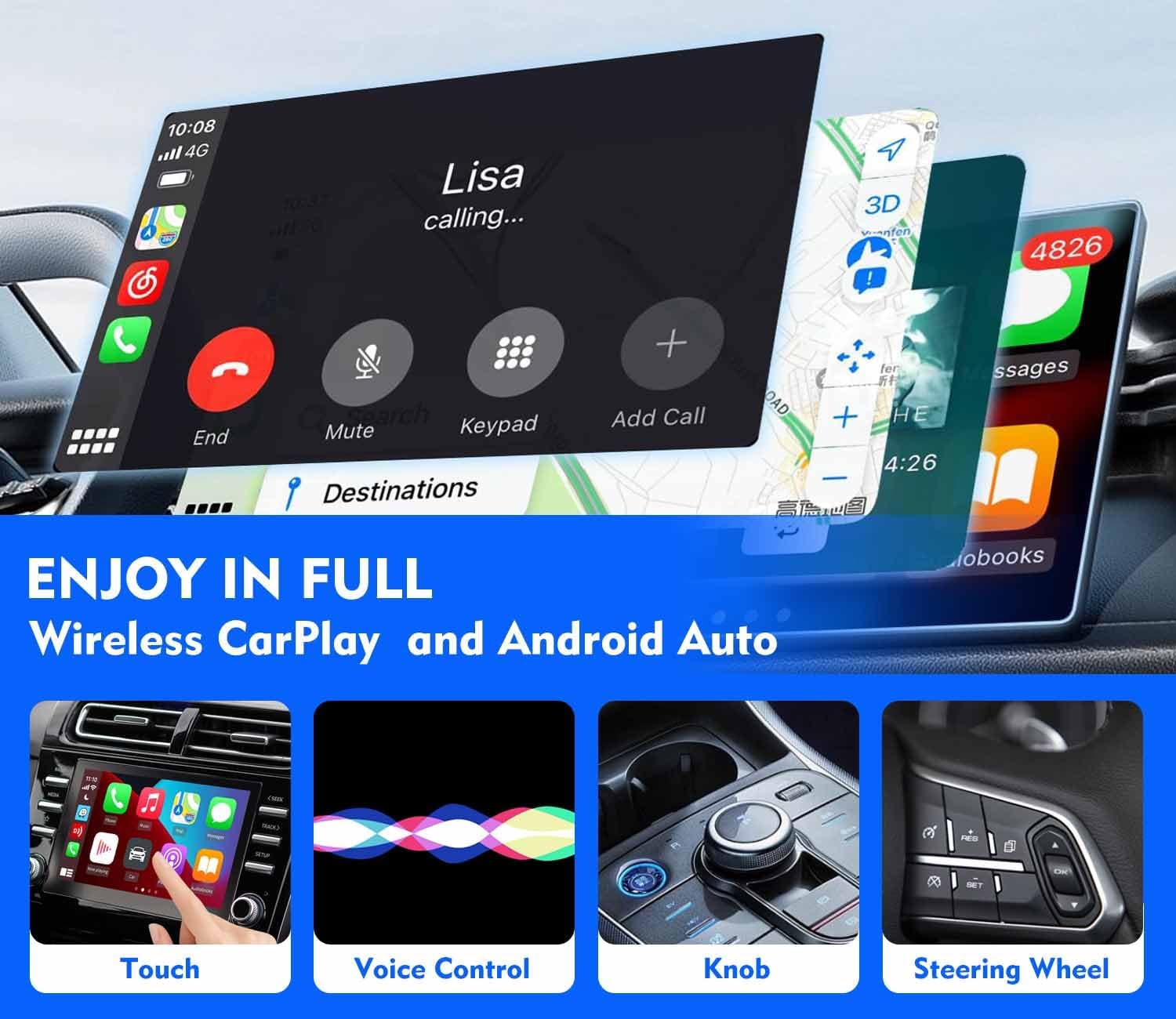 CarPlay/Android Auto interface showing touch, voice control, knob, and steering wheel control options