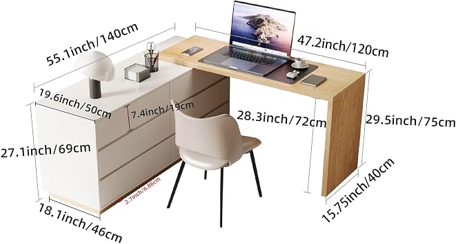 L-Shaped Corner Dressing Table 6 Drawer Beige Vanity Desk Extendable Desk | Flexible corner layout; six storage drawers; versatile vanity and workspace; space-saving design; easy organisation