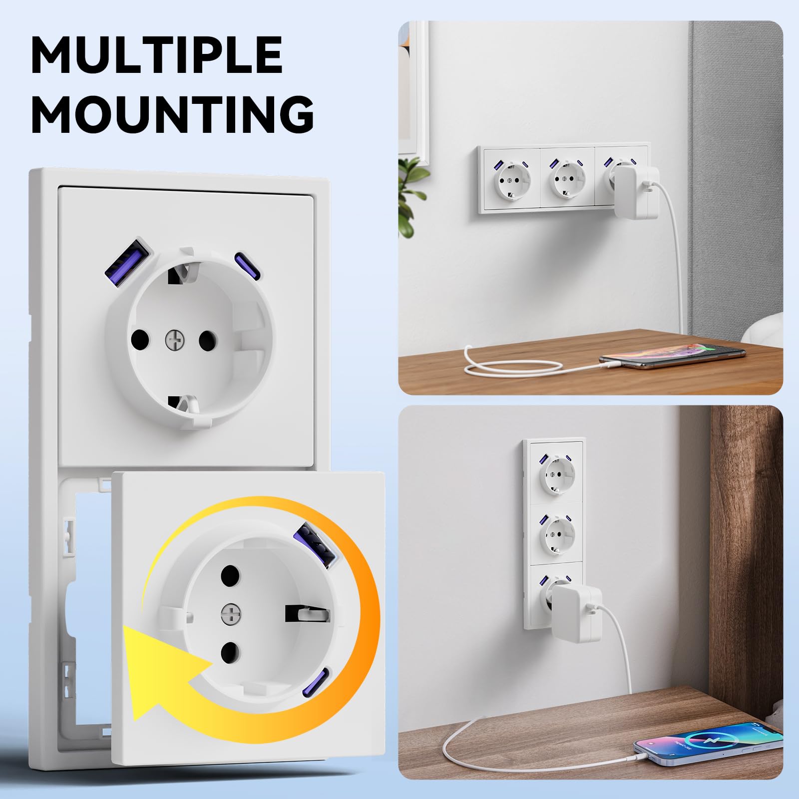 Prise Schuko Encastrée Norme UE,Prise Murale 16A avec Cadre en PC,Charge Rapide avec Port de Type A/C,Griffes Rabattables,Type F avec Terre,3 Voies 220 * 80mm Blanc