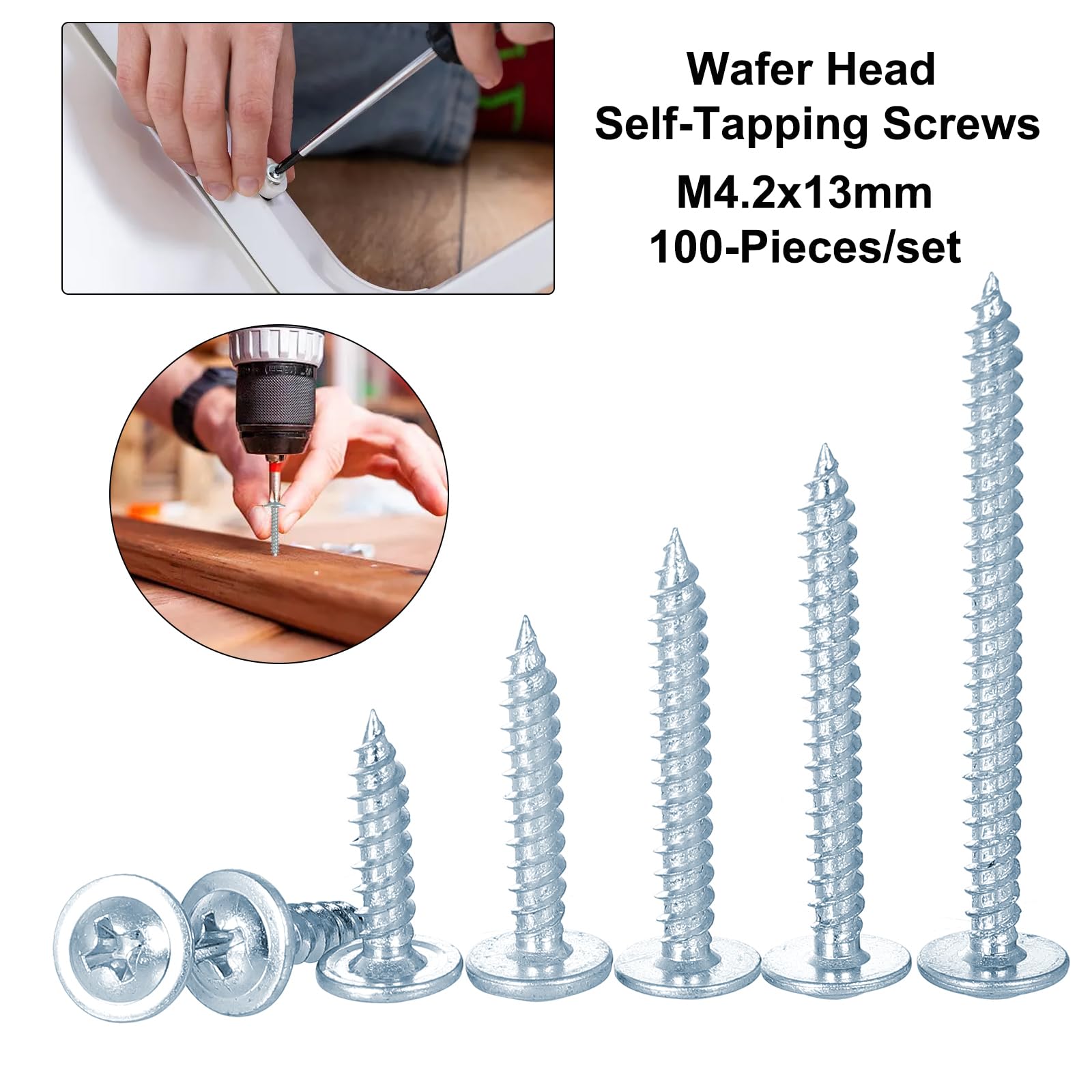 FandWay 100Pcs Wafer Head Self Tapping Screws,M4.2x13mm Wood Screws,Modified Truss Head Self Drilling Screw,Blue Zinc Coated Sheet Metal Screw for Aluminum WoodWork Plastics - Image 2