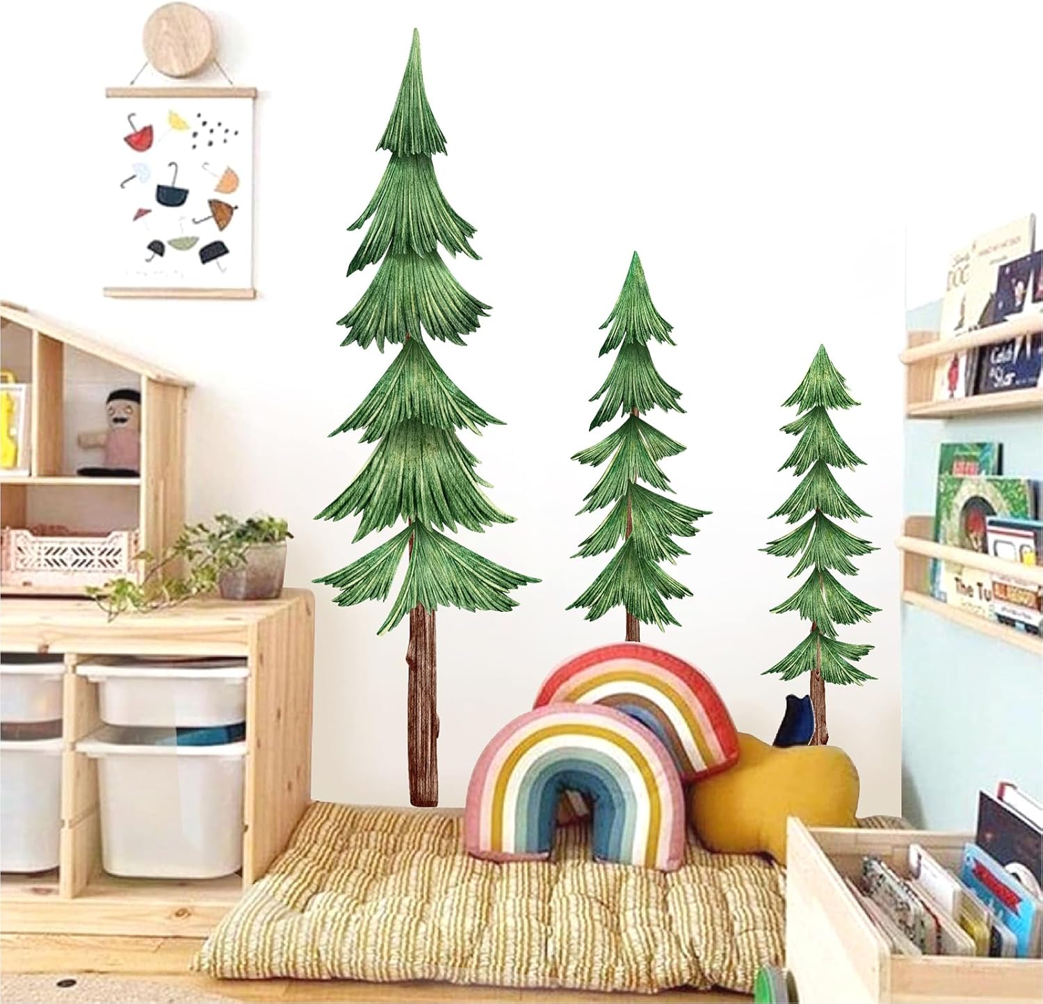 Large Pine Tree Wall Decals Peel and Stick Watercolor Extra Large Tree Wall Decal Forest Nature Green Trees Stickers Woodland Giant Pine Trees Decals for Nursery Kids Room Decor