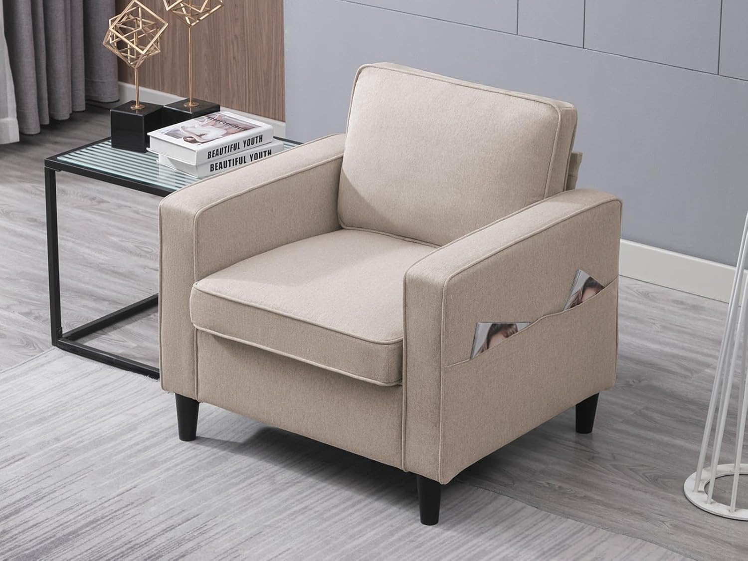 Modern Armchair Single Sofa,Upholstered Sofa Chairs,Linen Comfy Arm Chair with 4 Storage Pockets,Living Room Chair Bedroom Chair for Small Space,Beige