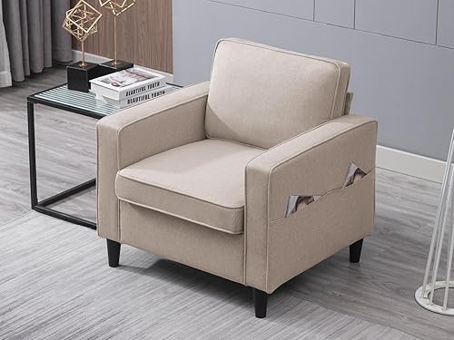 Miniatura 22 de Sillón moderno, sofá individual, tapizado, cómodo sillón de lino con 4 bolsillos de almacenamiento, silla de sala de estar, dormitorio, silla para