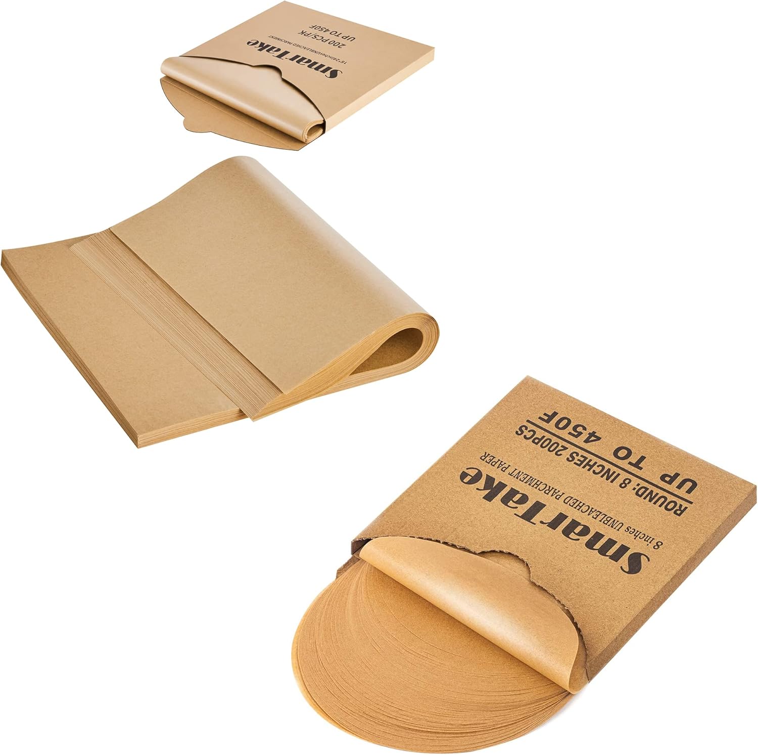 SMARTAKE 200 Pcs 8 IN Parchment Paper Baking Sheets Bundle with 200 Pcs 16x24 IN Parchment Paper Baking Sheets, for Baking Grilling Air Fryer Steaming Bread Cup Cake Cookie and More (Unbleached)