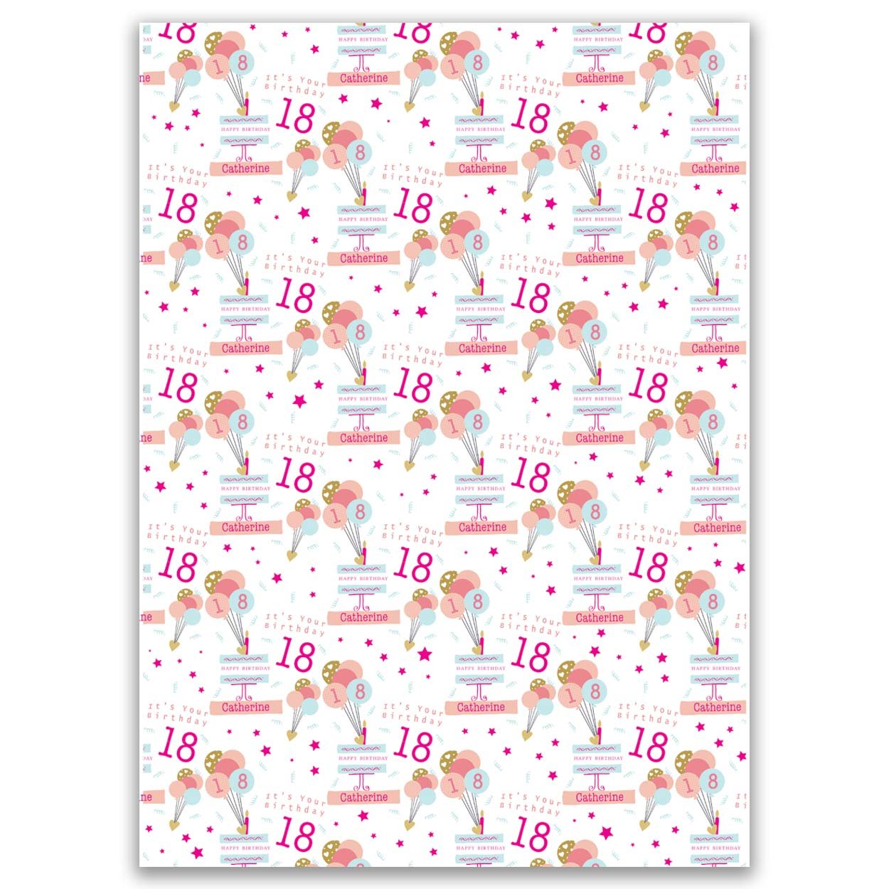 Paper Themes Girls Birthday Wrapping Paper Personalised Gift Wrap - Cute Ballons and Cake