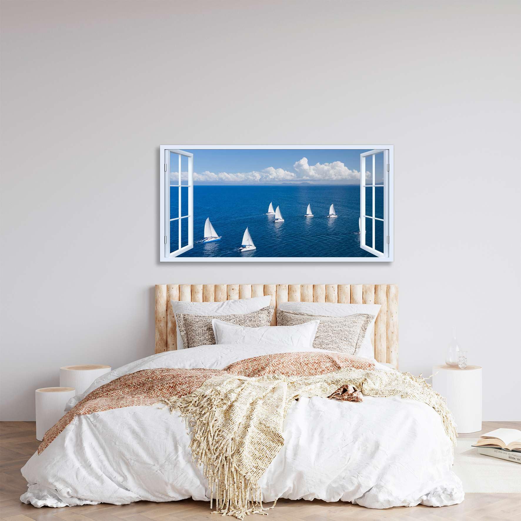 Generico Quadro finestra Barche a Vela sul Mare - Stampa su tela con telaio in legno - 140x70 cm
