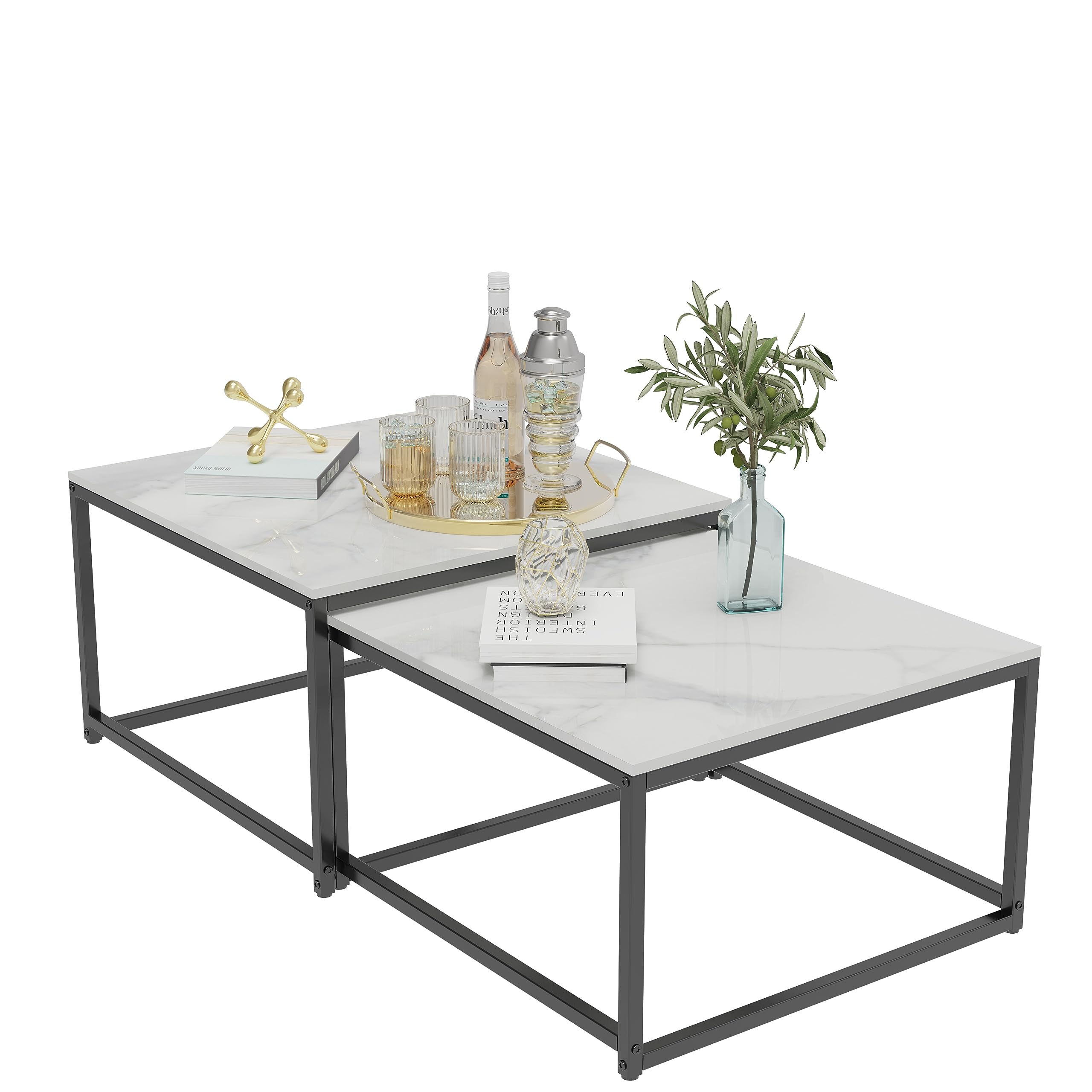 Ceramica Set di 2 Tavolini da Caffè Bianco Quadrato Tavolino da Salotto
