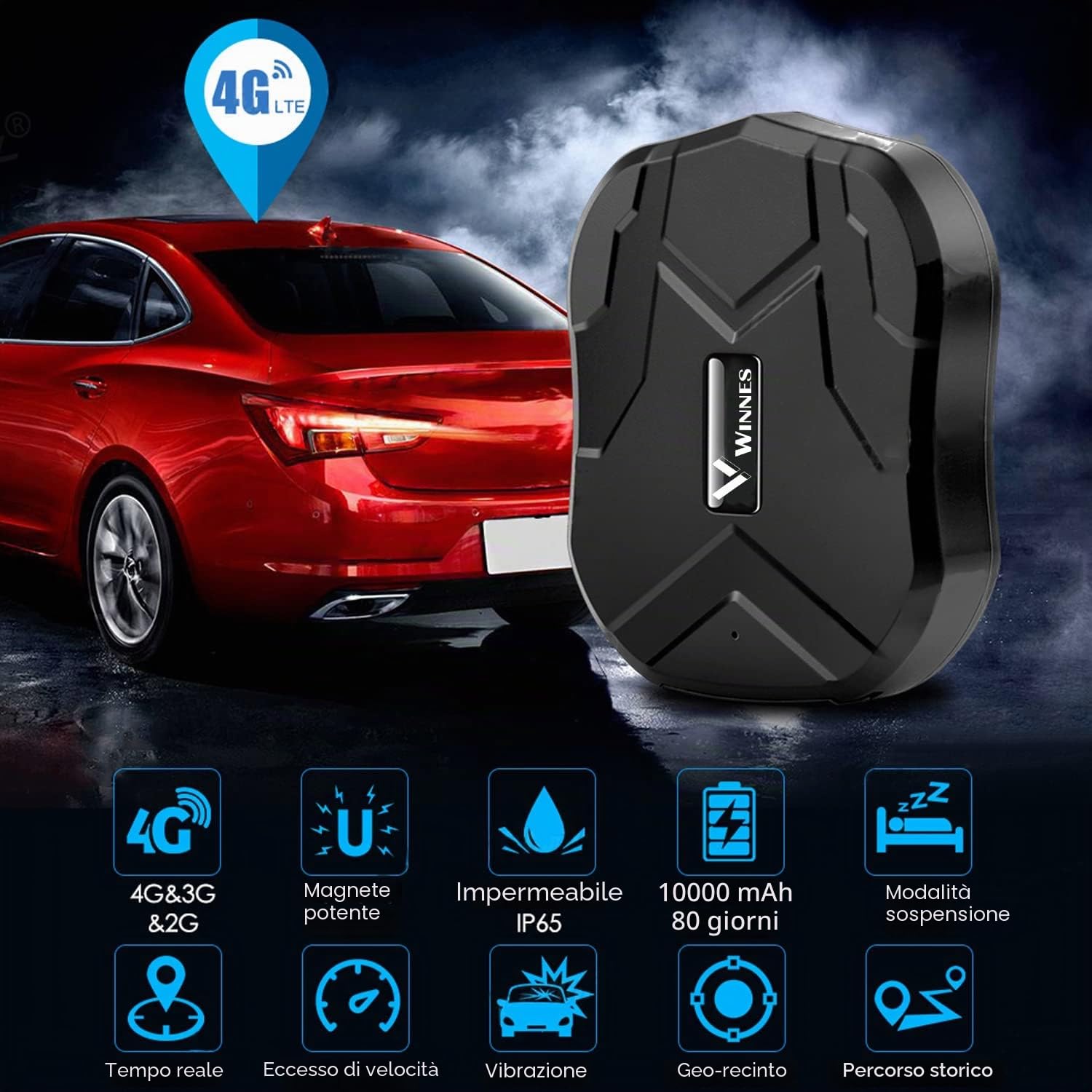 Localizzatore 4G GPS per Auto, Tracciatore di Posizione in Tempo Reale Con Sistema di Allarme/Geo-Fence, App Gratuita e Potente Magnete - Batteria da 5000mAh