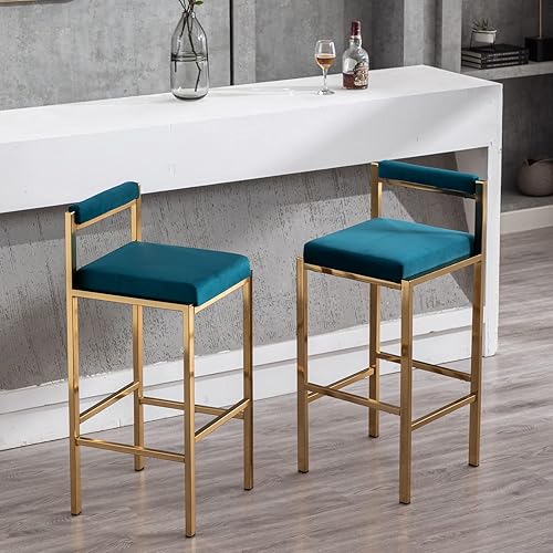 ZH4YOU Juego de 2 taburetes de bar verde azulado de 30 pulgadas, taburetes de bar de terciopelo de metal con respaldo de sillas de isla de cocina