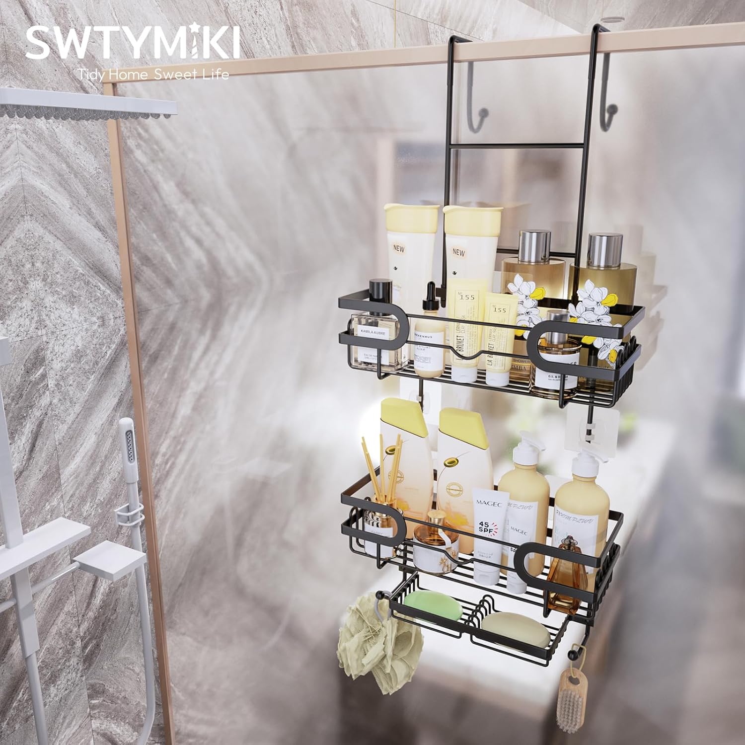 SWTYMIKI Over the Door Shower Caddy in use, holding various shower products.