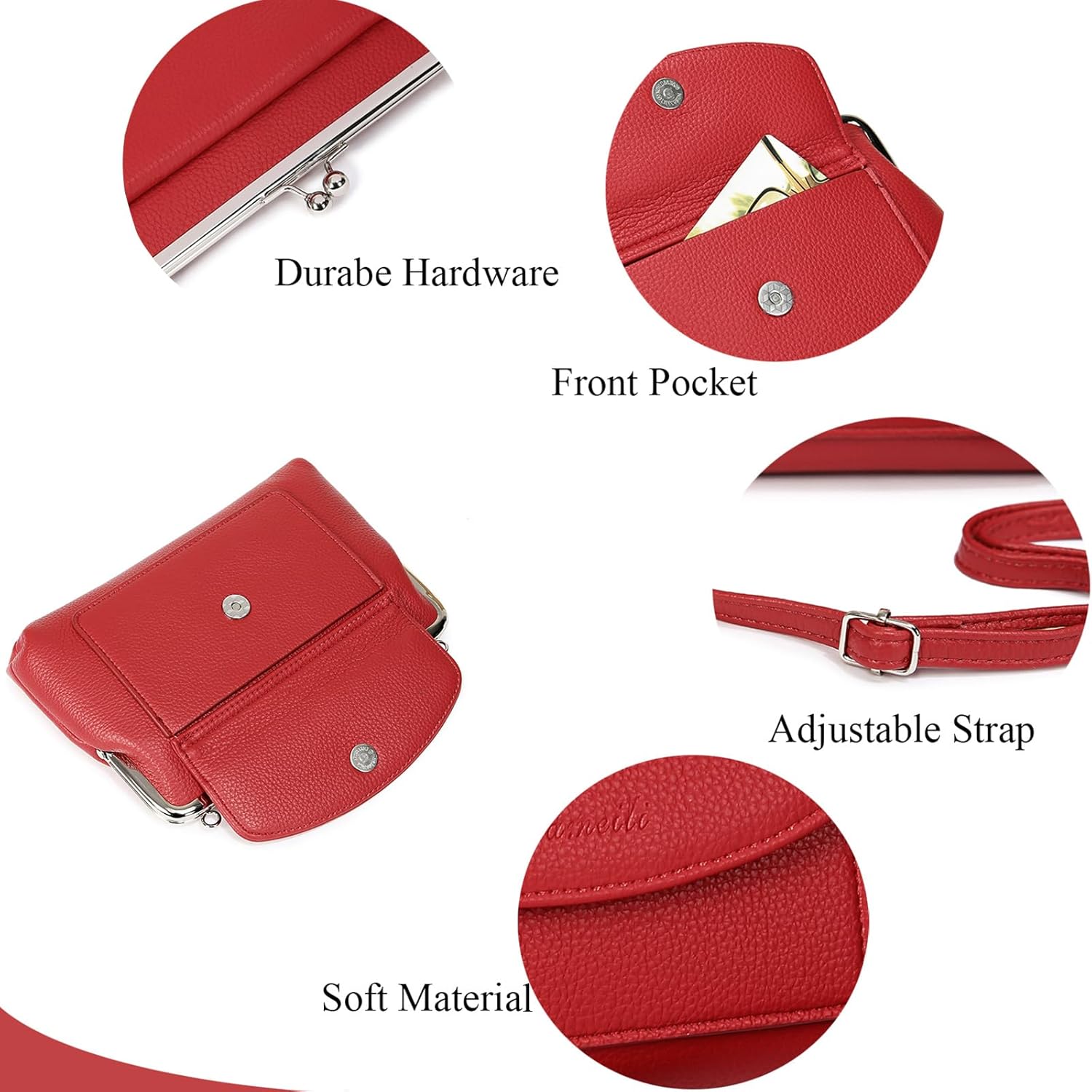 Genuine Leather Small Shoulder Bag for Women Kiss Lock Fashion Phone Purse (Red) - Image 5