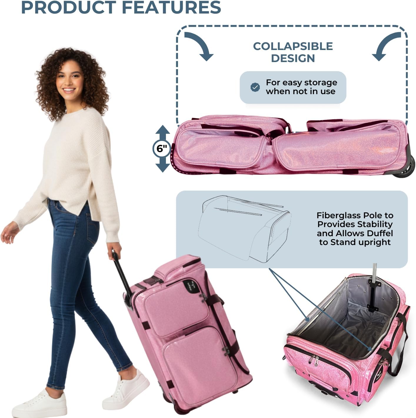Travolution NEW Glittering Dance Bag with Garment Rack, 23 Inch Rolling Duffel With Wheels, Ideal for Competitions & Travel, Easy-assembly Lightweight Aluminum Clothes Rack (Glitter Pink)