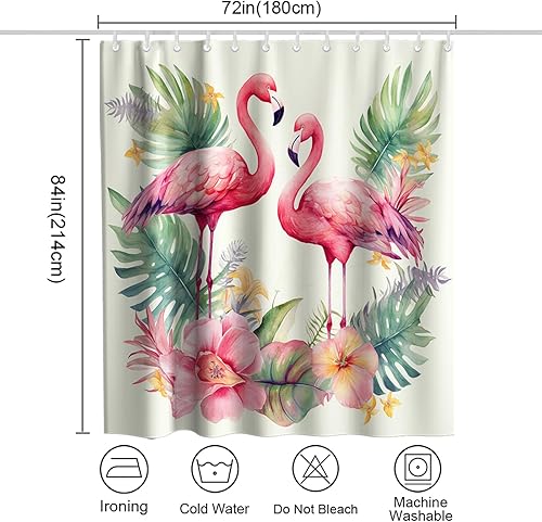 Miniatura 9 de Cortina de ducha con diseño de flamenco, diseño de animales románticos, hojas de palmera tropicales, verde salvia, floral, diseño natural, acuarela,