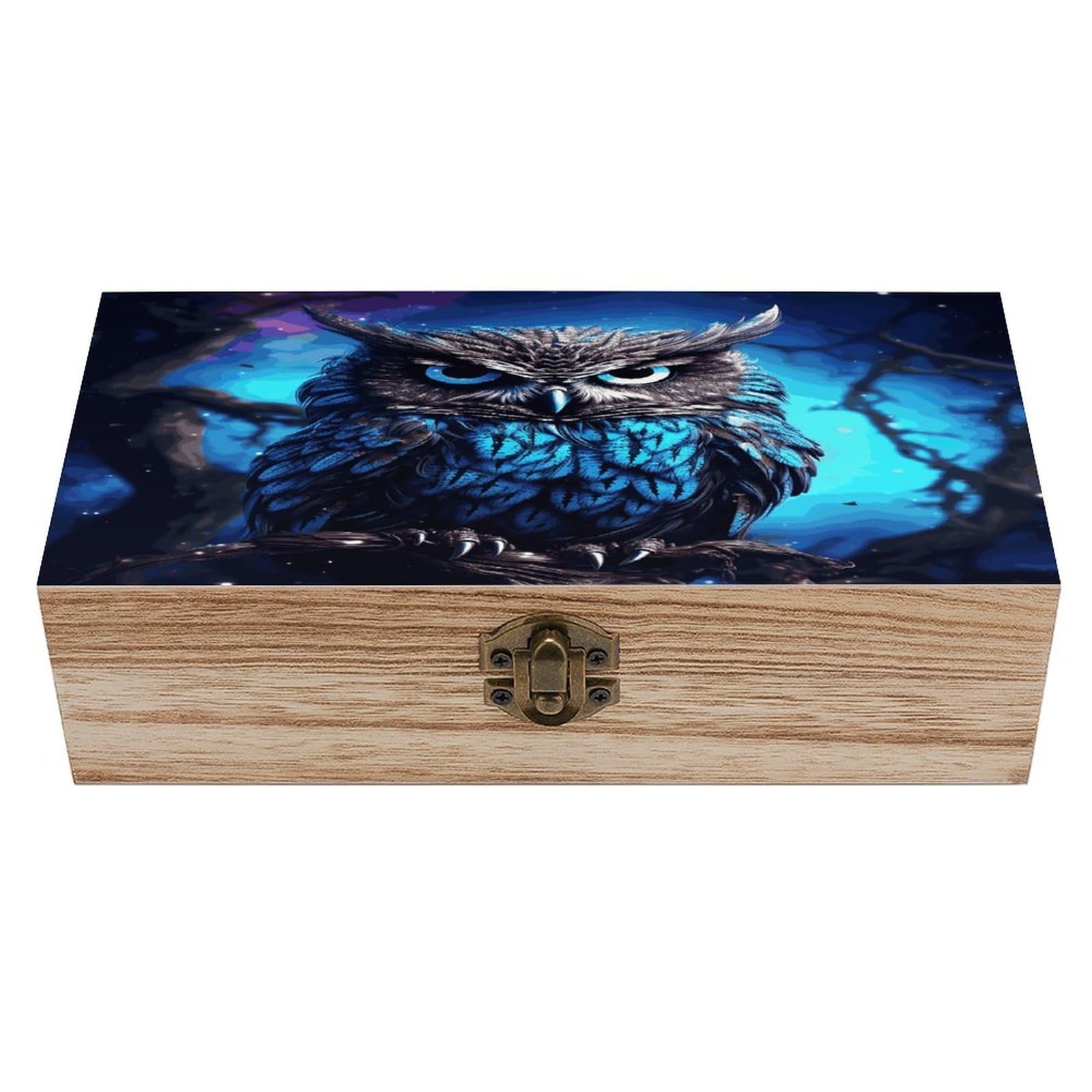 FekiLoot Blue Owl Wooden Box with Hinged Lid Vintage Storage Box Beautifully Wood Keepsake Boxes Jewellery Organiser & Trinket Holder Unique Gift Ideas for Men & Women