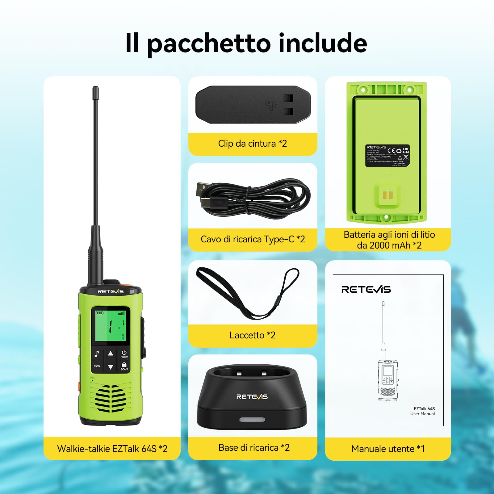 Retevis EZTalk 64S Walkie Talkie IP68 Impermeabile Ricaricabile Adulti Lungo Raggio Radio Bidirezionale (1 Paio)