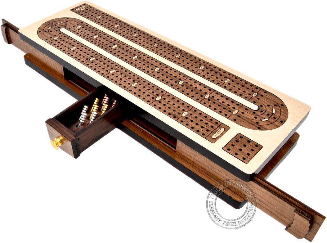 House of Cribbage - Continuous Cribbage Board Inlaid 4 Tracks Maple/Teakwood with Sliding Lids and Drawer
