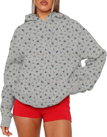 Cioatin Women Oversized Ditsy Floral Y2K Aesthetic Hoodies Lightweight Fleece Sweatshirt Drop Shoulder Pullover Fall Outfits