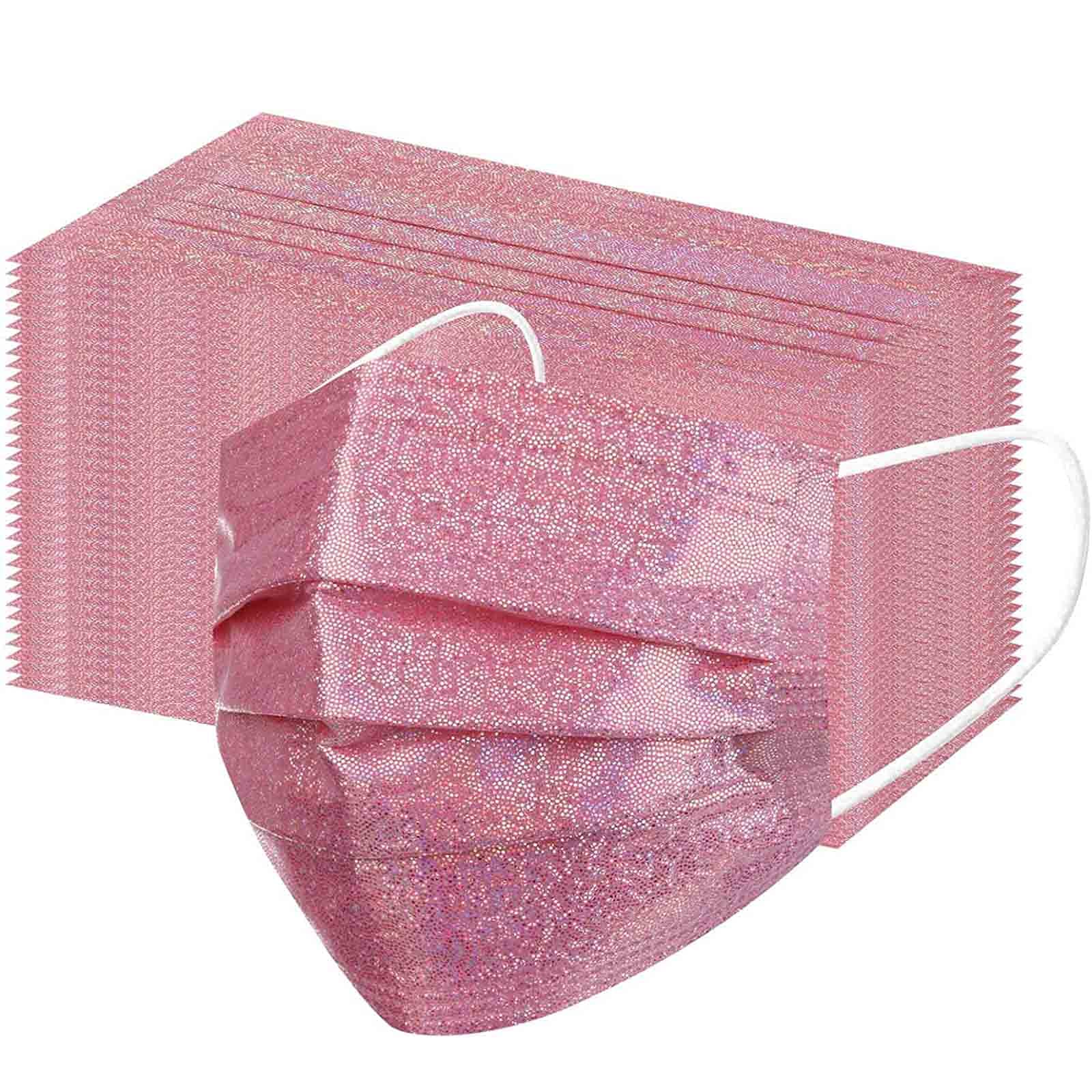 50PCS Pink Glitter Disposable Face Mask, 3 Ply Breathable Fashion Masks for Adults Women Full Face Protection (Pink)