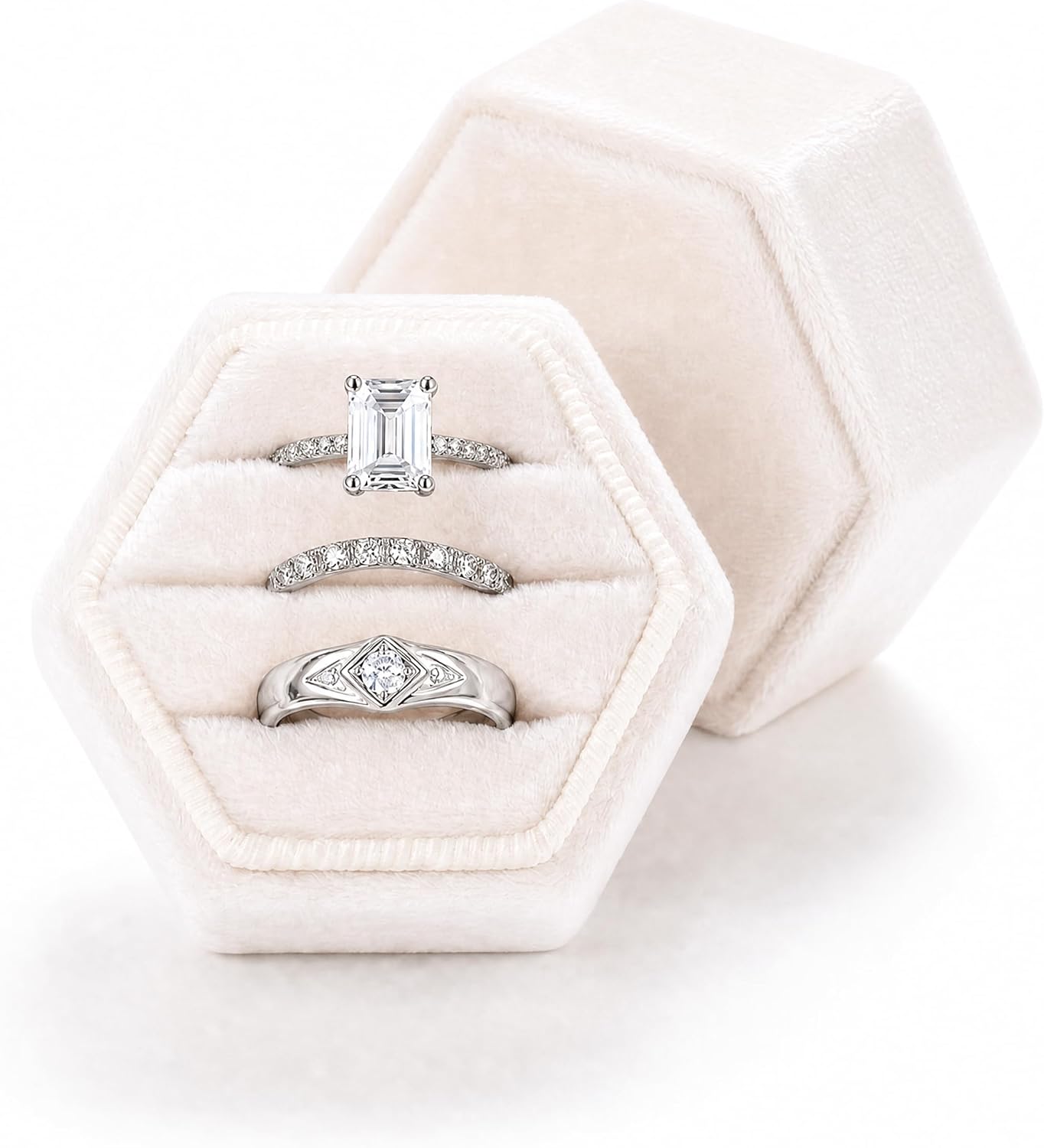 Velvet Jewelry Ring Box, 3 Slots Hexagon Engagement Wedding Ring Holder