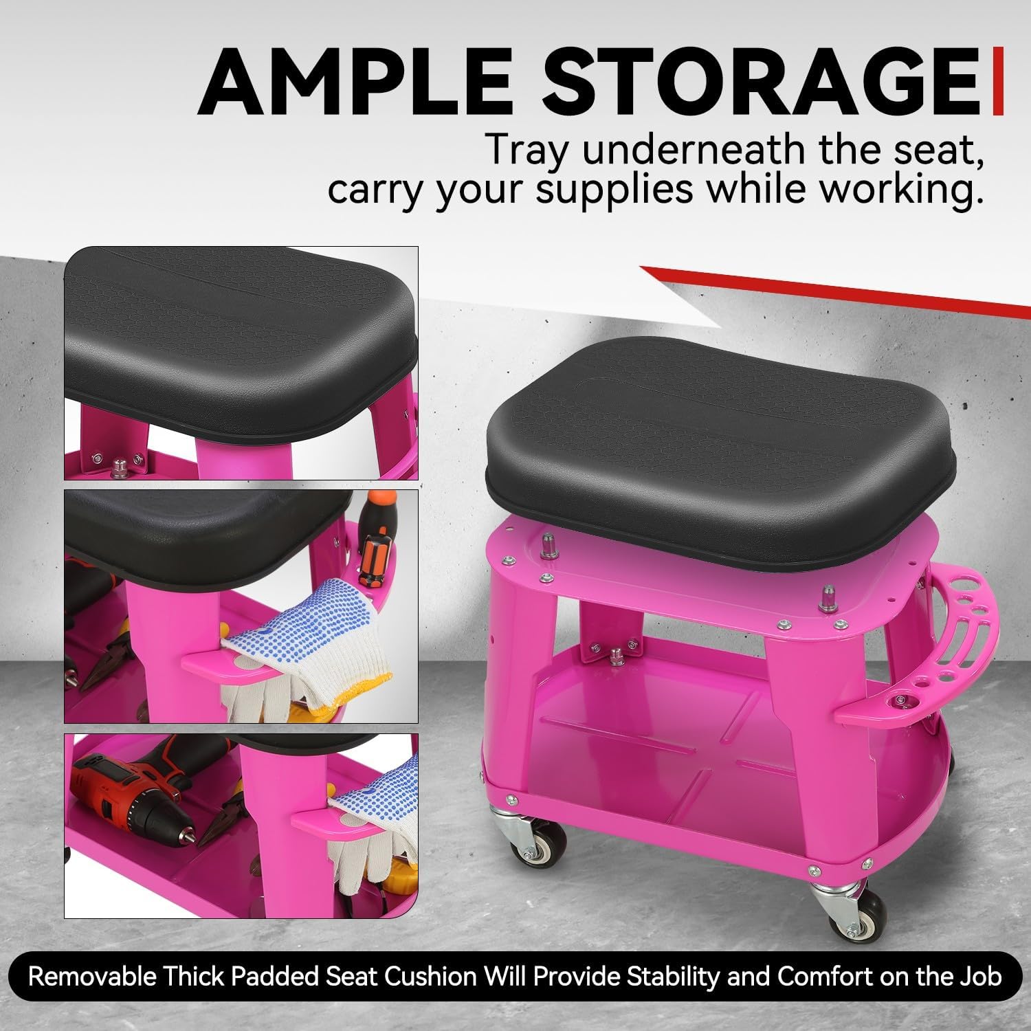 Auto Dynasty Mechanic Roller Stool, 300 LBS Capacity Rolling Creeper Garage Shop Seat with Tool Tray, Heavy Duty Mechanic Roll Repair Chair for Workshop Household Home Warehouse Office, Purple