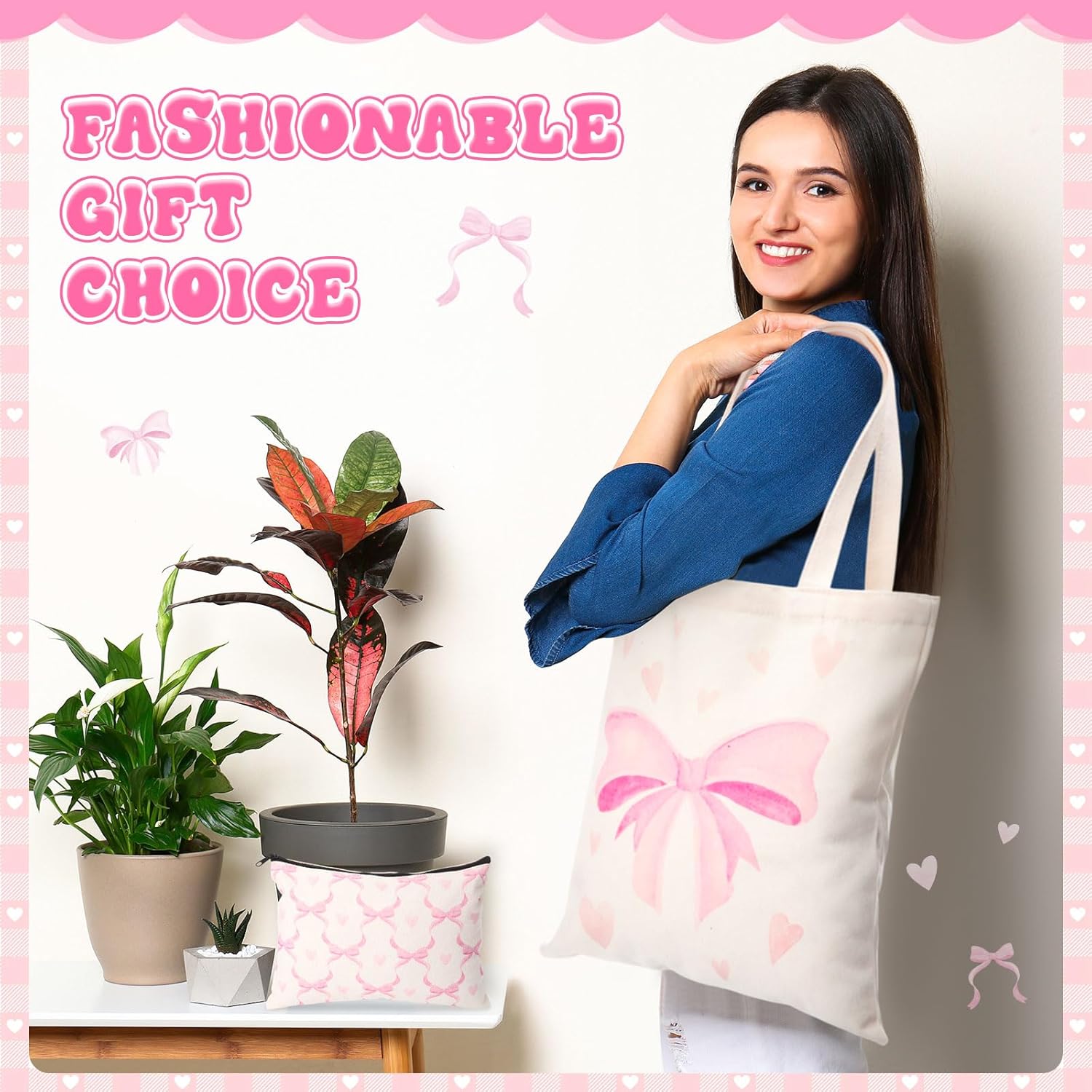 Paterr 2 Pcs Pink Bow Coquette Tote Bags with Zipper Makeup Pouch, Cute Pink Bow Aesthetic Reusable Grocery Bag Preppy Stuff Trendy Gifts for Women Mom Girls Shopping Travel - Image 6