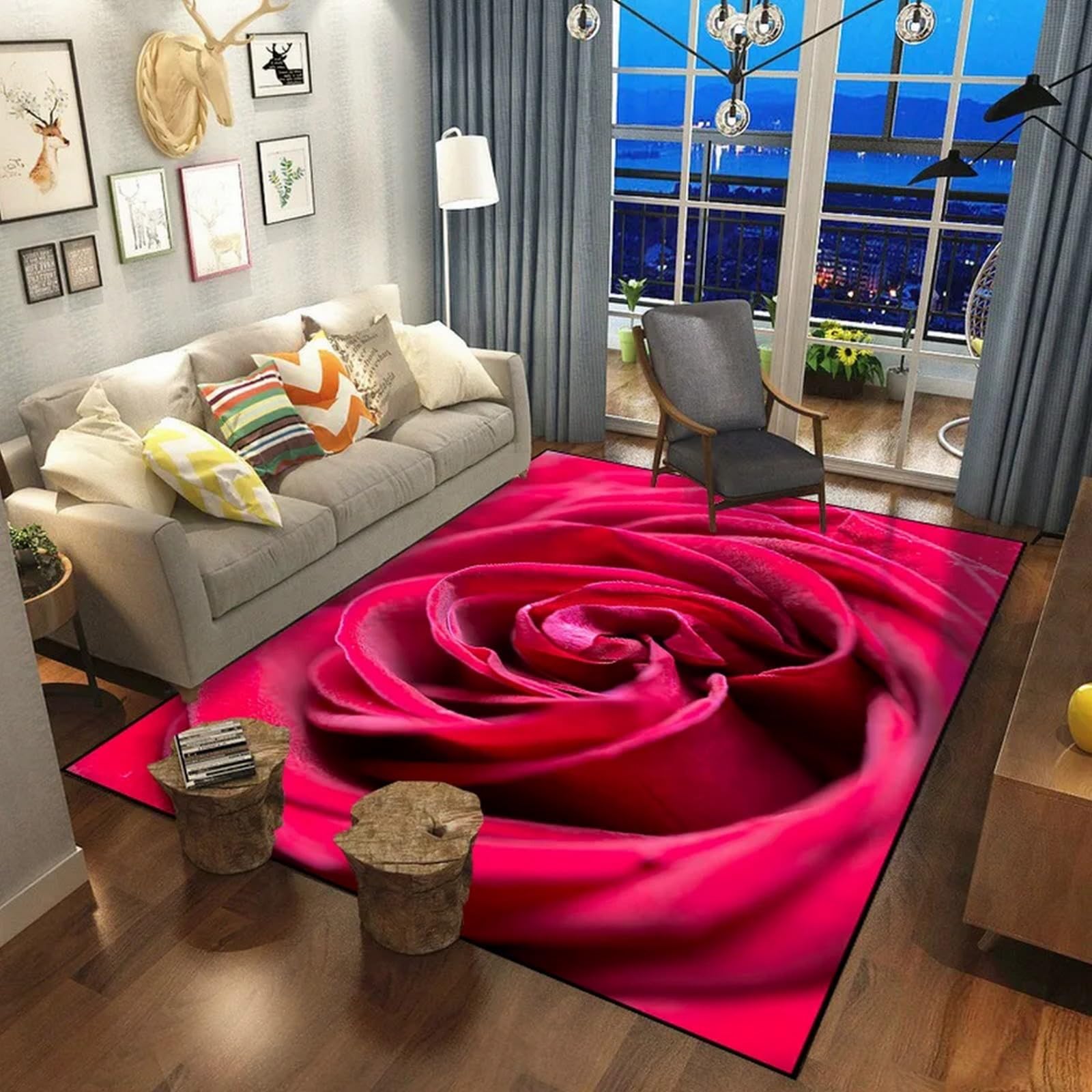 Tapis imprimé 3D rose fleur 100x200cm antidérapant pour chambre et salon