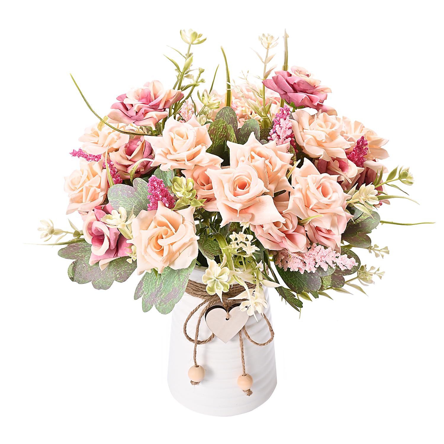 BLOSMON Fiori Finti Decorazioni con Vaso 2 Pcs Bianchi Fiori Artificiali Piccoli Rosa con Vasi per Centrotavola Piante Finte da Interno Bouquet Fiore Soprammobili per Casa, Cucina, Festa Addobbi
