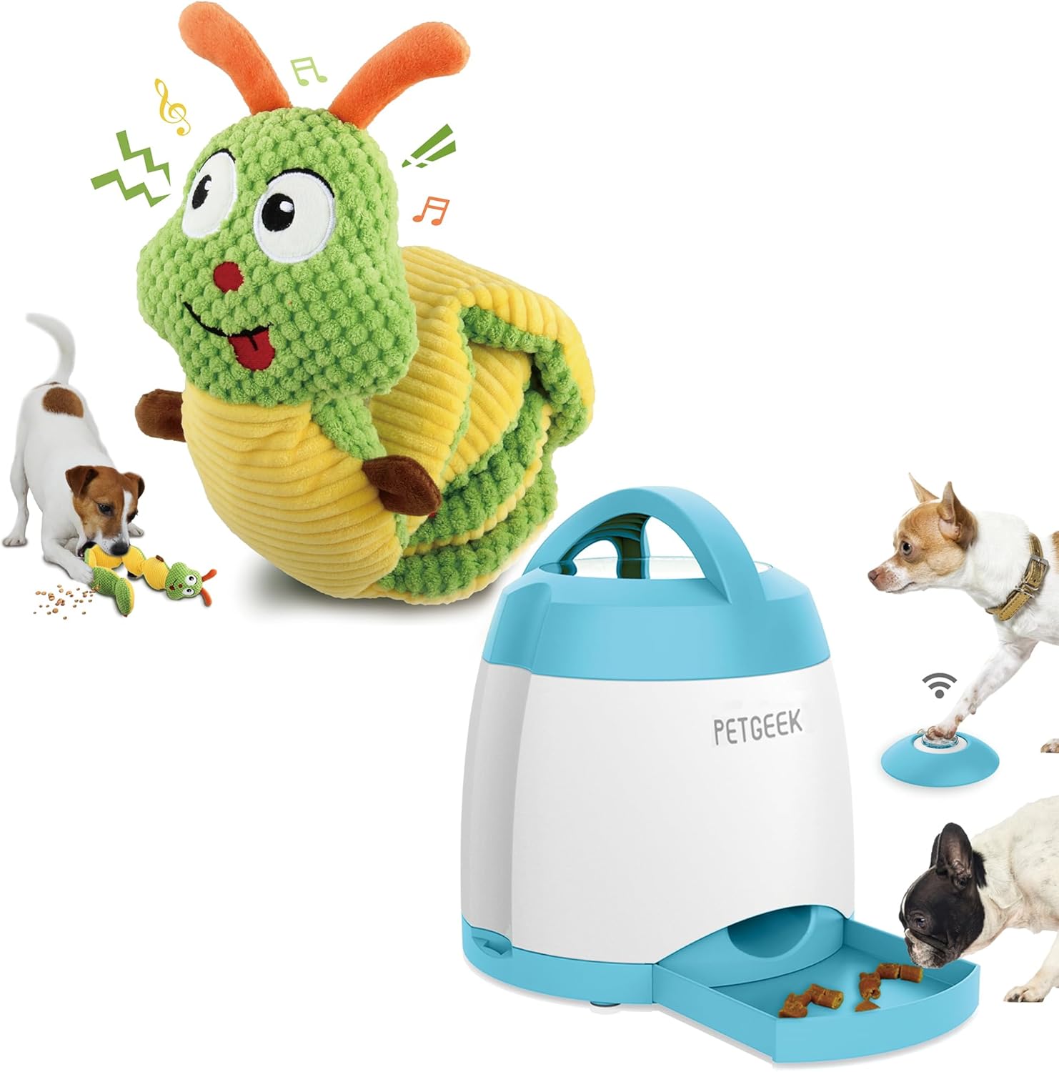 Bundle 2 Items: PETGEEK Treat Dispenser Dog Toys & Gigwi Interactive Dog Puzzle Toys Automatic Pet Feeder with Dual Power Supply and Remote Control, Dog Puzzle Toys