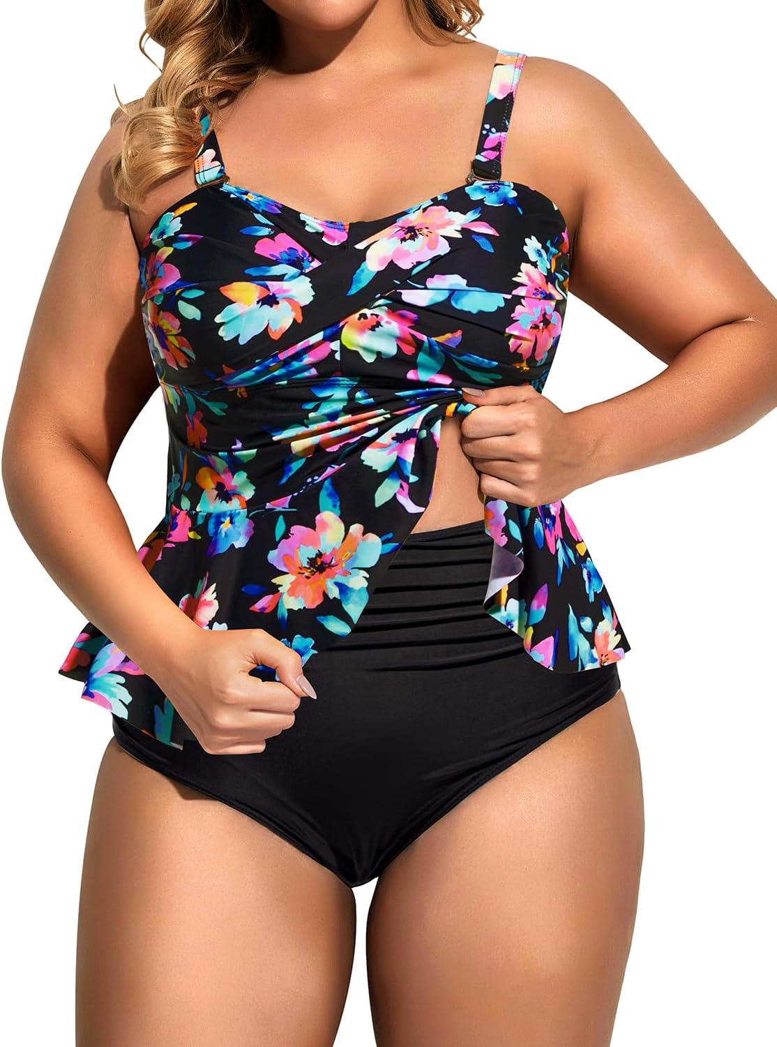Daci Women Two Piece Plus Size Swimsuit with Bottom Peplum Tankini High Waisted Tummy Control Bathing Suit