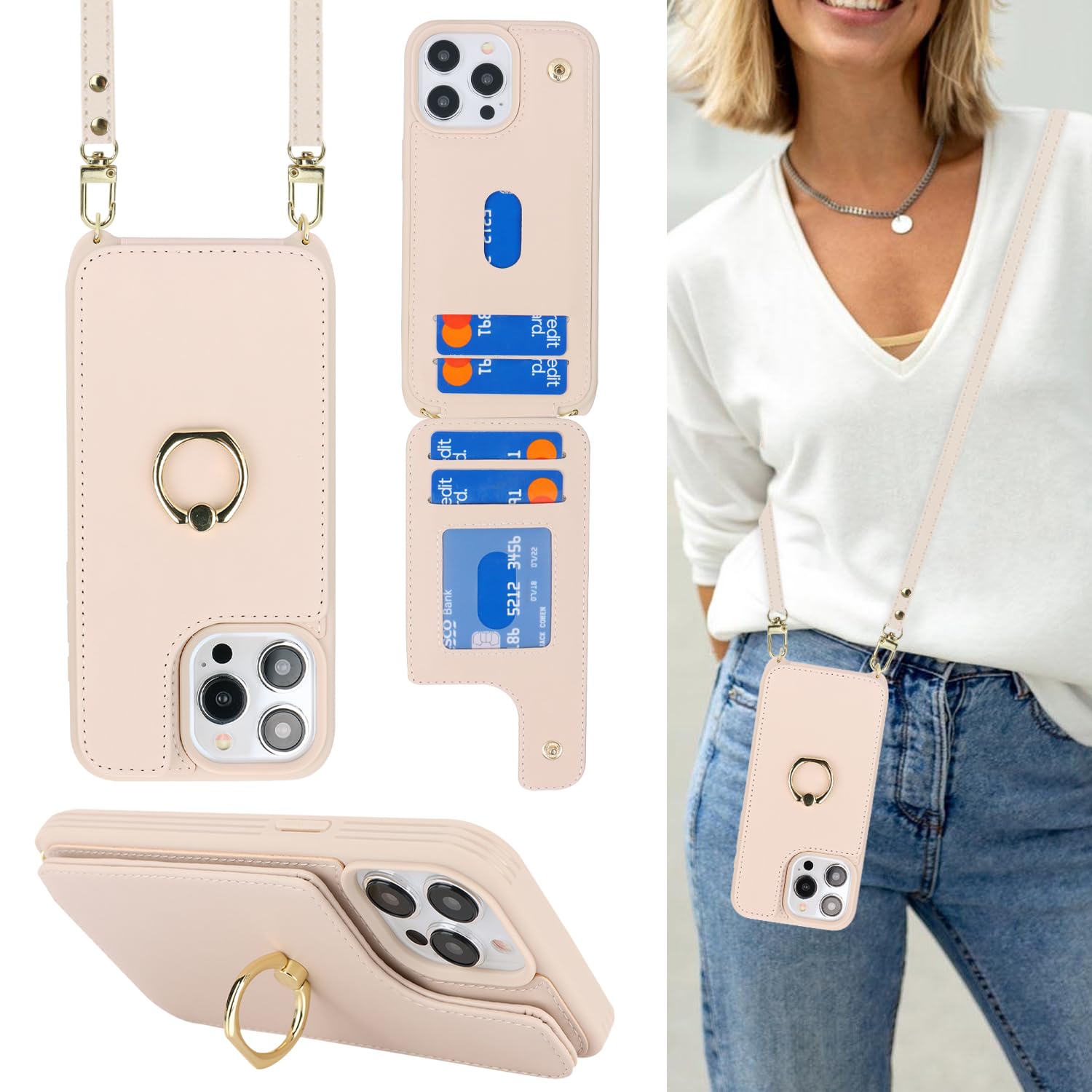 Lipvina for iPhone 15 Pro Max Case with Card Holder and Strap for Women,Crossbody Lanyard,Stand Ring Kickstand,Snap Clasp,Phone Wallet Cases 6.7 inch(