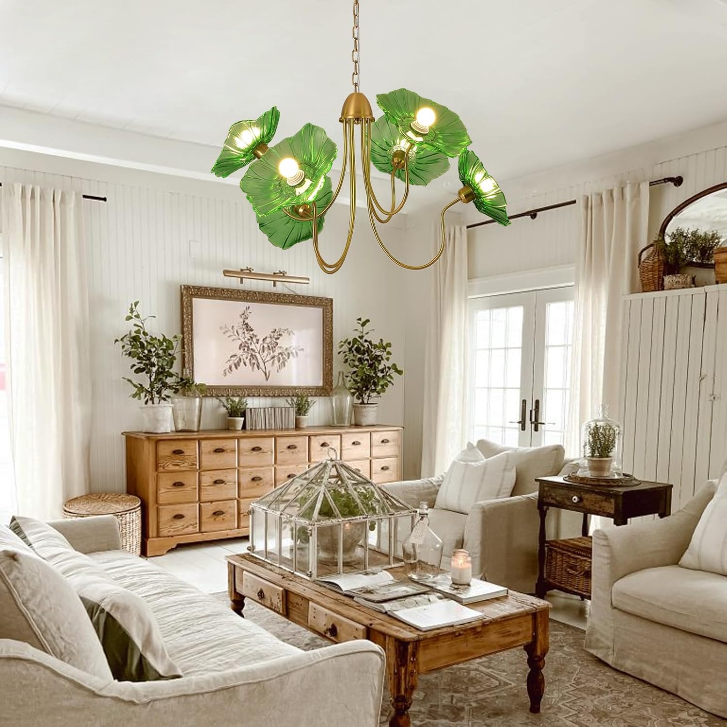 Vintage Floral Glass Chandelier, 6-Light Large Pendant Light with Green Flower Shades Gold Brass Chandelier Hanging Ceiling Light Fixture for Dining Room Kitchen Island Living Room Bedroom