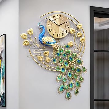 36.6" Large Peacock Wall Clock Crystal Decor, 3D Creative Luxury Wall Clock Silent Non-Ticking Battery Operated Living Room Decor Big Clock