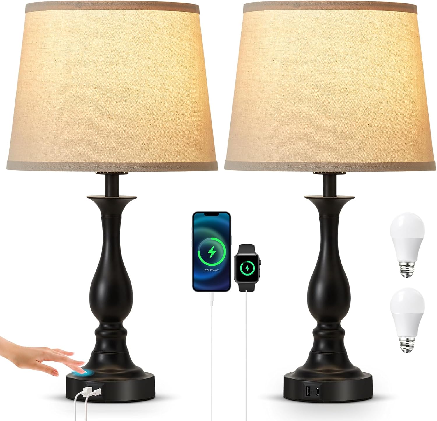 Bedside Table Lamp Touch Control Bedroom Lamps with USB-C USB-A Charging Port 3 Way Dimmable Touch Lamps for Nightstand Living Room Bedroom Dorm Home Office Reading, Set of 2