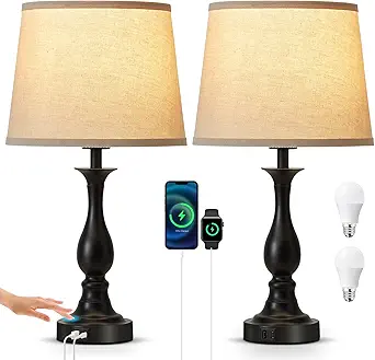 Bedside Table Lamp Touch Control Bedroom Lamps with USB A and C Charging Port 3 Way Dimmable Touch Lamps for Nightstand Living Room Bedroom Dorm Home Office Reading, Set of 2