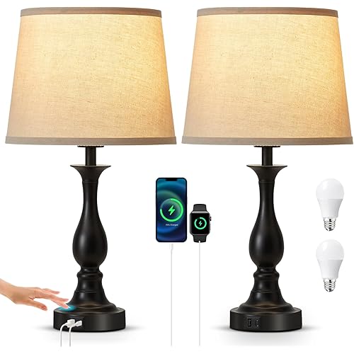 Bedside Table Lamp Touch Control Bedroom Lamps with USB-C USB-A Charging Port 3 Way Dimmable Touch Lamps for Nightstand Living Room Bedroom Dorm Home Office Reading, Set of 2